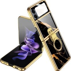 Samsung Galaxy Flip 3/4 Marble Patterned Ring Electroplating Color Painting Case with Tempered Glass Protection