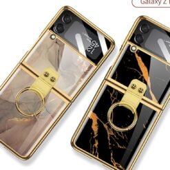 Alternative view of Samsung Galaxy Flip 3/4 Marble Patterned Ring Electroplating Color Painting Case with Tempered Glass Protection