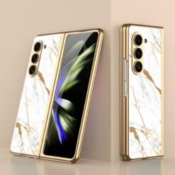 Alternative view of Samsung Galaxy Z Fold 5 Stylish Marble Gold Electroplated Frame with Patterned Glass, Built-in Screen Protector