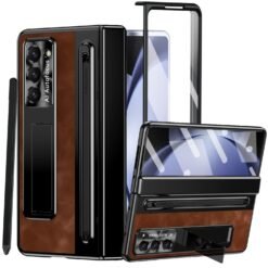 Alternative view of Samsung Galaxy Z Fold Series  Retro Leather Case with S Pen Holder, Slim Stylus, Hinge Protection Kickstand and Screen Protector