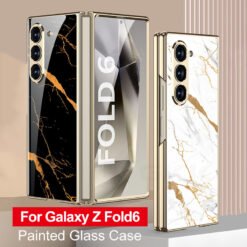 Alternative view of Samsung Galaxy Z Fold 5/6 Series Stylish Marble Gold Electroplated Frame with Patterned Glass, Built-in Screen Protector