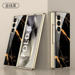 Samsung Galaxy Z Fold 5/6 Series Stylish Marble Gold Electroplated Frame with Patterned Glass, Built-in Screen Protector