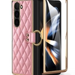 Alternative view of Samsung Galaxy Z Fold 3 4 5 6 Series, Luxury Plating Edge Case with Hanging Ring Anti-Scratch Screen Protection Leather Cover