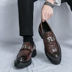 Men’s Exotic Crocodile Pattern Leather Slip On With Ornate Metal Buckle