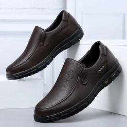 Leather Slip on Loafers for Men Non-slip Rubber Sole Fashion Design Lightweight & Breathable - Brown
