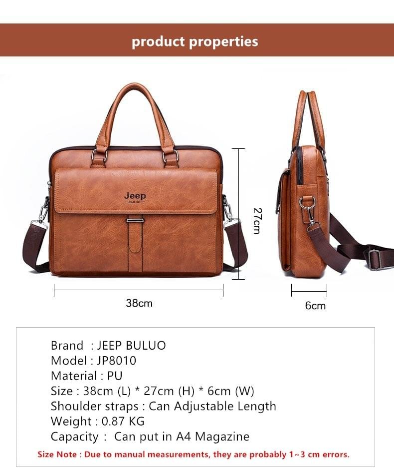 JEEP BULUO Men’s Leather Briefcases Bag Shoulder Fashion Business Laptop Bag - Image 3