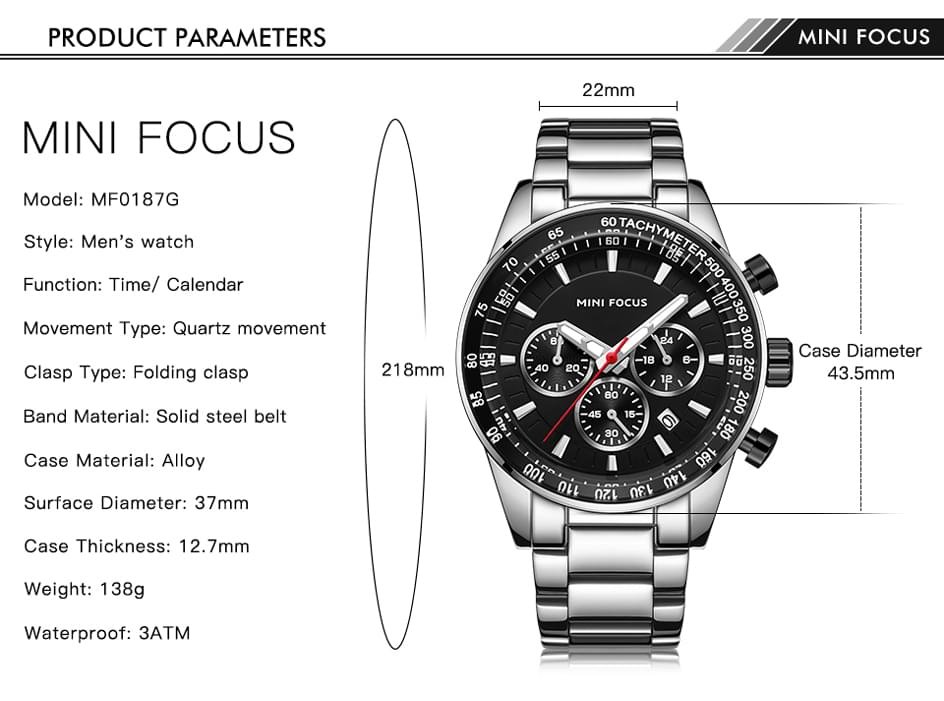 MINI FOCUS Waterproof Sport Watch Chronograph Men Casual Stainless Steel Quartz Clock - Image 10