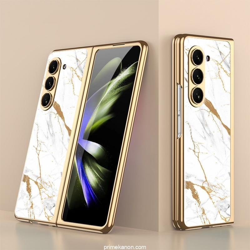 Samsung Galaxy Z Fold 5 Stylish Marble Gold Electroplated Frame with Patterned Glass, Built-in Screen Protector - Image 2