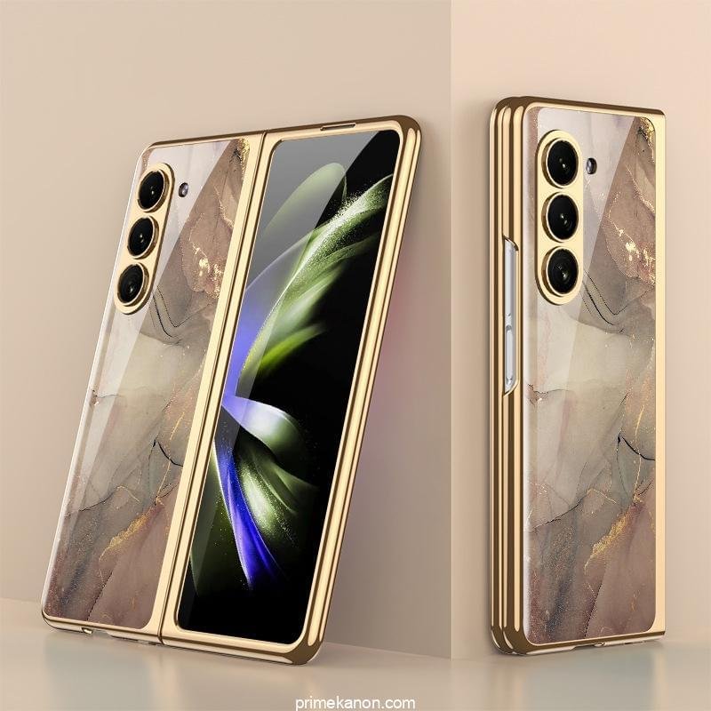Samsung Galaxy Z Fold 5 Stylish Marble Gold Electroplated Frame with Patterned Glass, Built-in Screen Protector