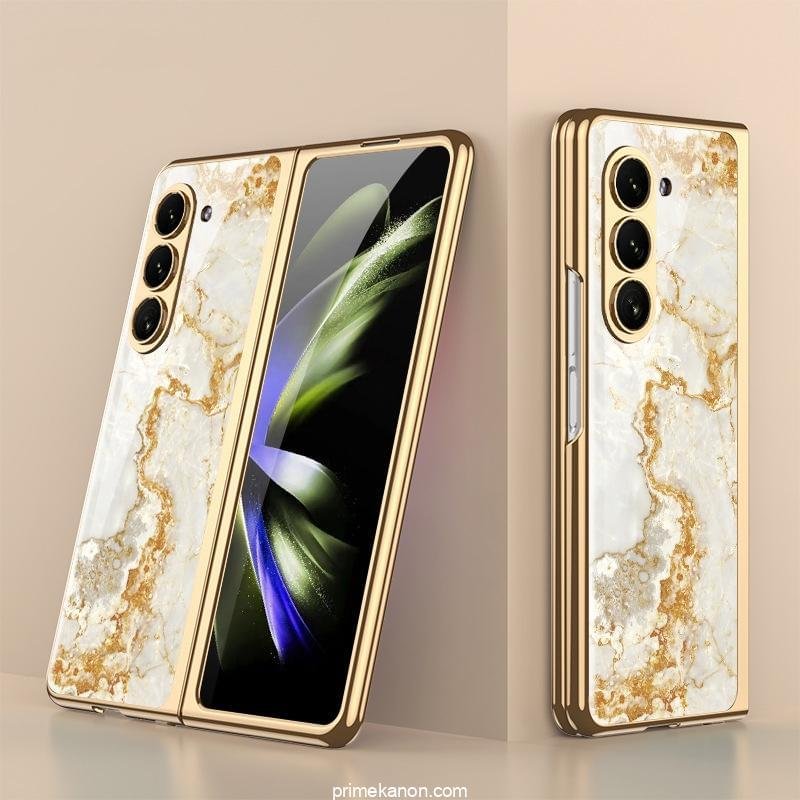 Samsung Galaxy Z Fold 5 Stylish Marble Gold Electroplated Frame with Patterned Glass, Built-in Screen Protector - Image 3