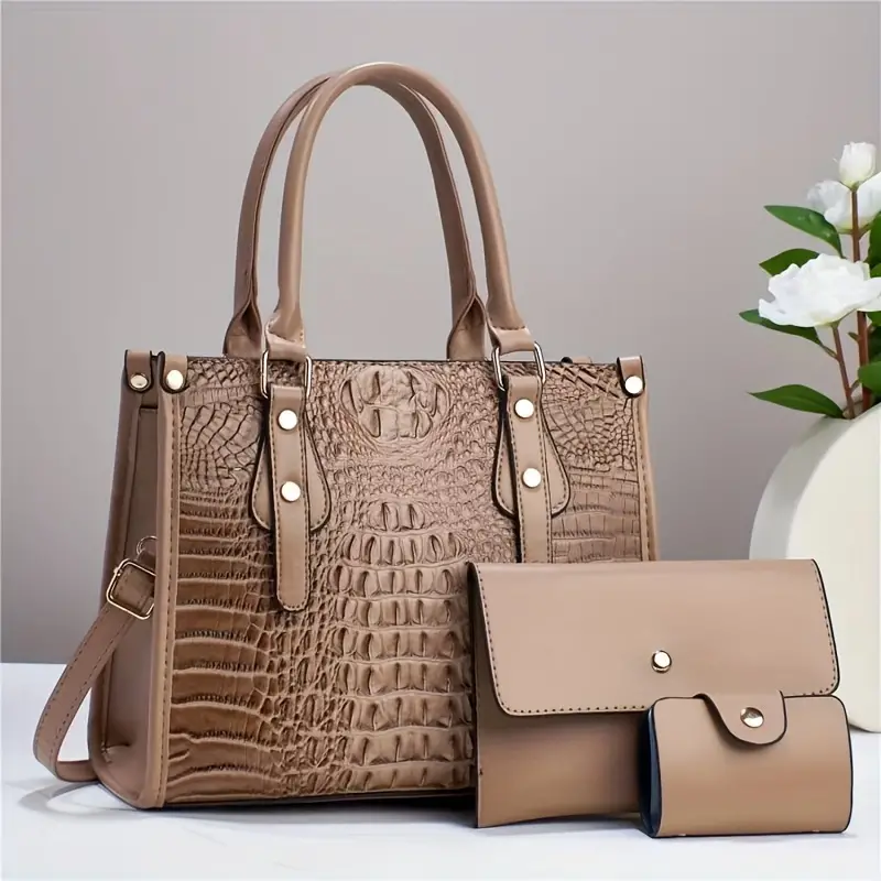 Trendy 3 in 1 Crocodile Pattern Tote Bag Set, Large Capacity Shoulder Bag & Coin Purse & Card Holder - Image 2