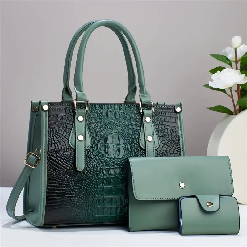 Trendy 3 in 1 Crocodile Pattern Tote Bag Set, Large Capacity Shoulder Bag & Coin Purse & Card Holder - Image 3