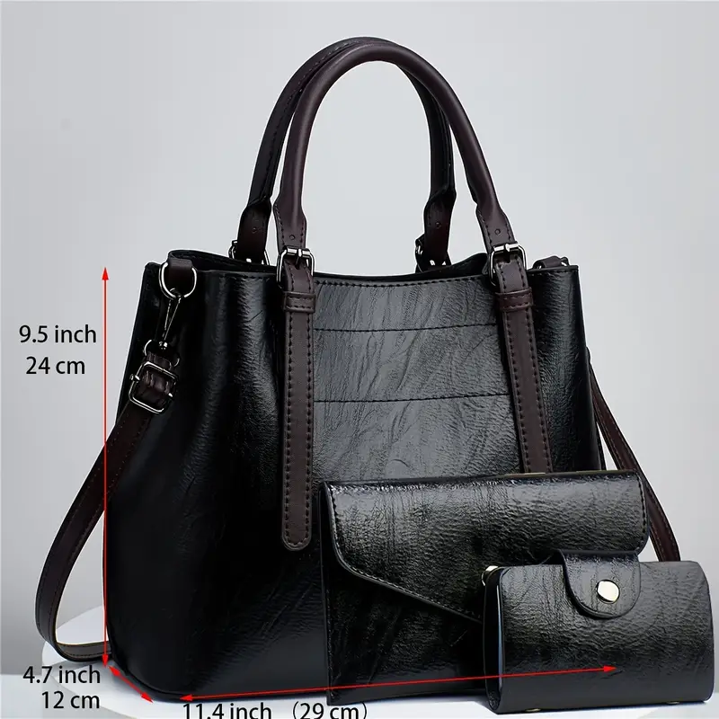 Fashion 3pcs Faux Leather Tote Handbag with Clutch Purse and Credit Card Holder, Women's Shoulder Bag - Image 9