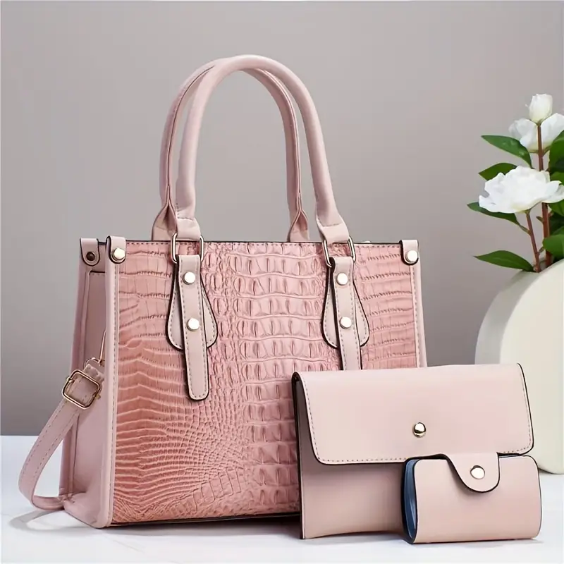 Trendy 3 in 1 Crocodile Pattern Tote Bag Set, Large Capacity Shoulder Bag & Coin Purse & Card Holder - Image 5