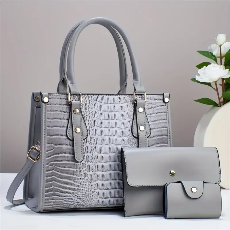 Trendy 3 in 1 Crocodile Pattern Tote Bag Set, Large Capacity Shoulder Bag & Coin Purse & Card Holder - Image 7