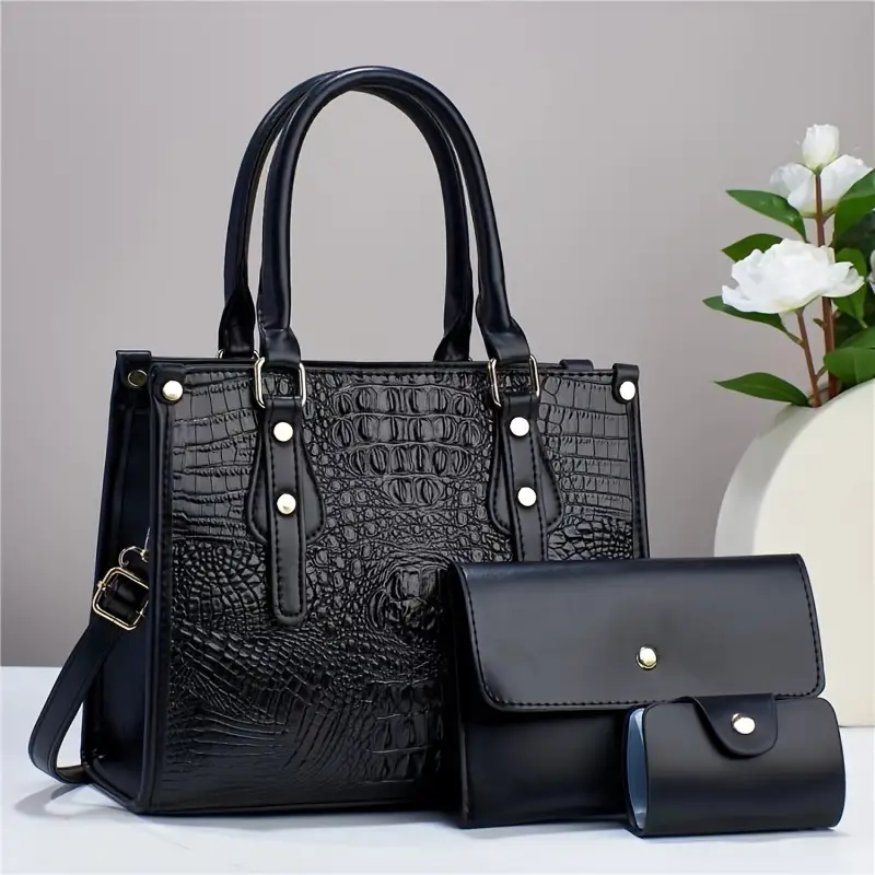 Trendy 3 in 1 Crocodile Pattern Tote Bag Set, Large Capacity Shoulder Bag & Coin Purse & Card Holder - Image 9