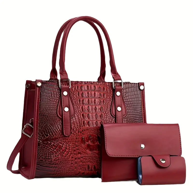 Trendy 3 in 1 Crocodile Pattern Tote Bag Set, Large Capacity Shoulder Bag & Coin Purse & Card Holder