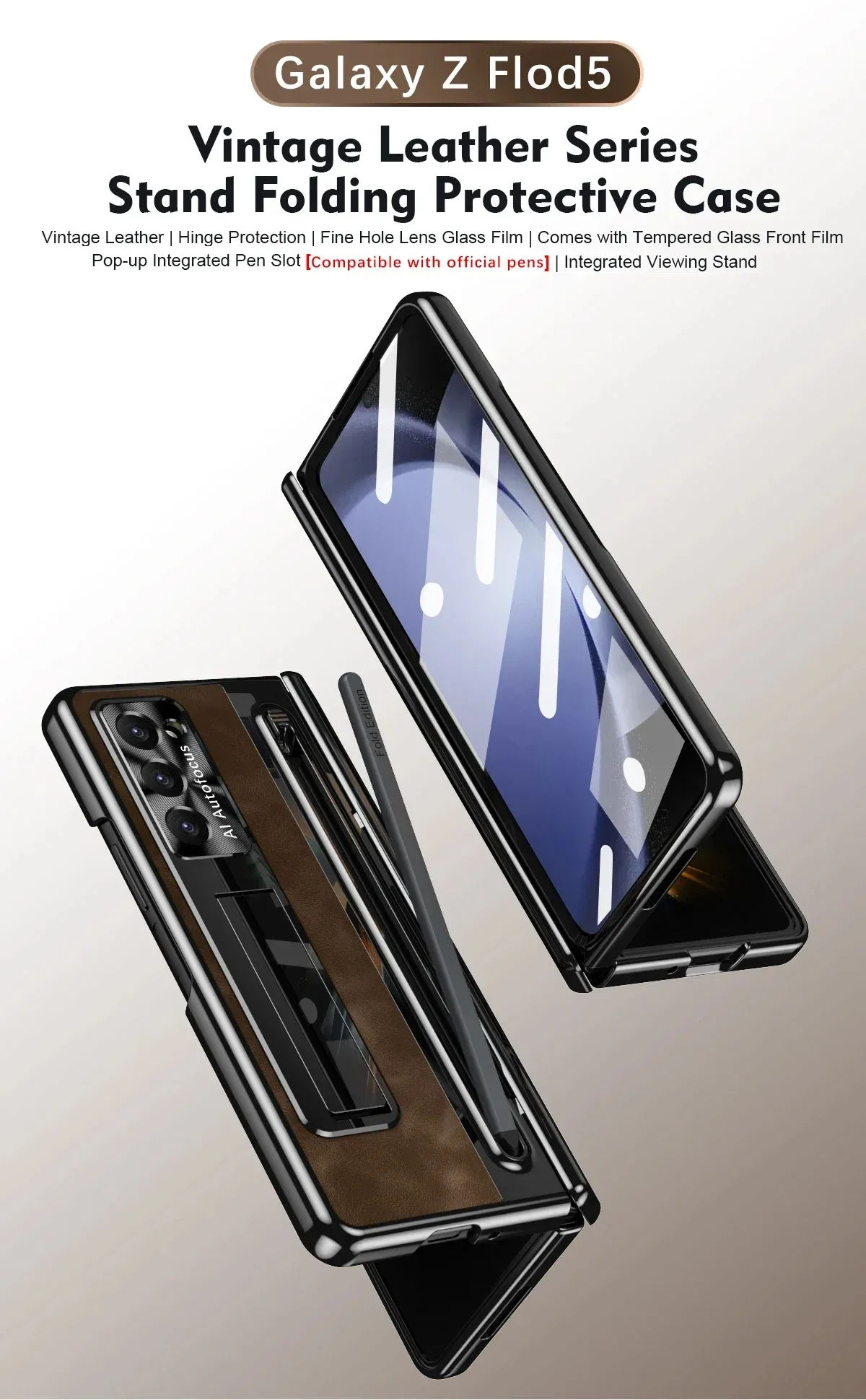 Samsung Galaxy Z Fold Series  Retro Leather Case with S Pen Holder, Slim Stylus, Hinge Protection Kickstand and Screen Protector - Image 20