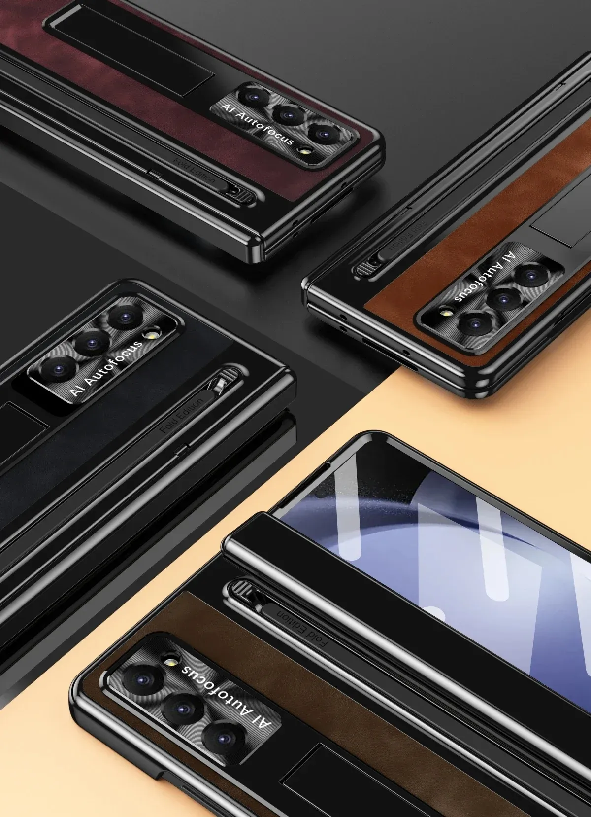 Samsung Galaxy Z Fold Series  Retro Leather Case with S Pen Holder, Slim Stylus, Hinge Protection Kickstand and Screen Protector - Image 14