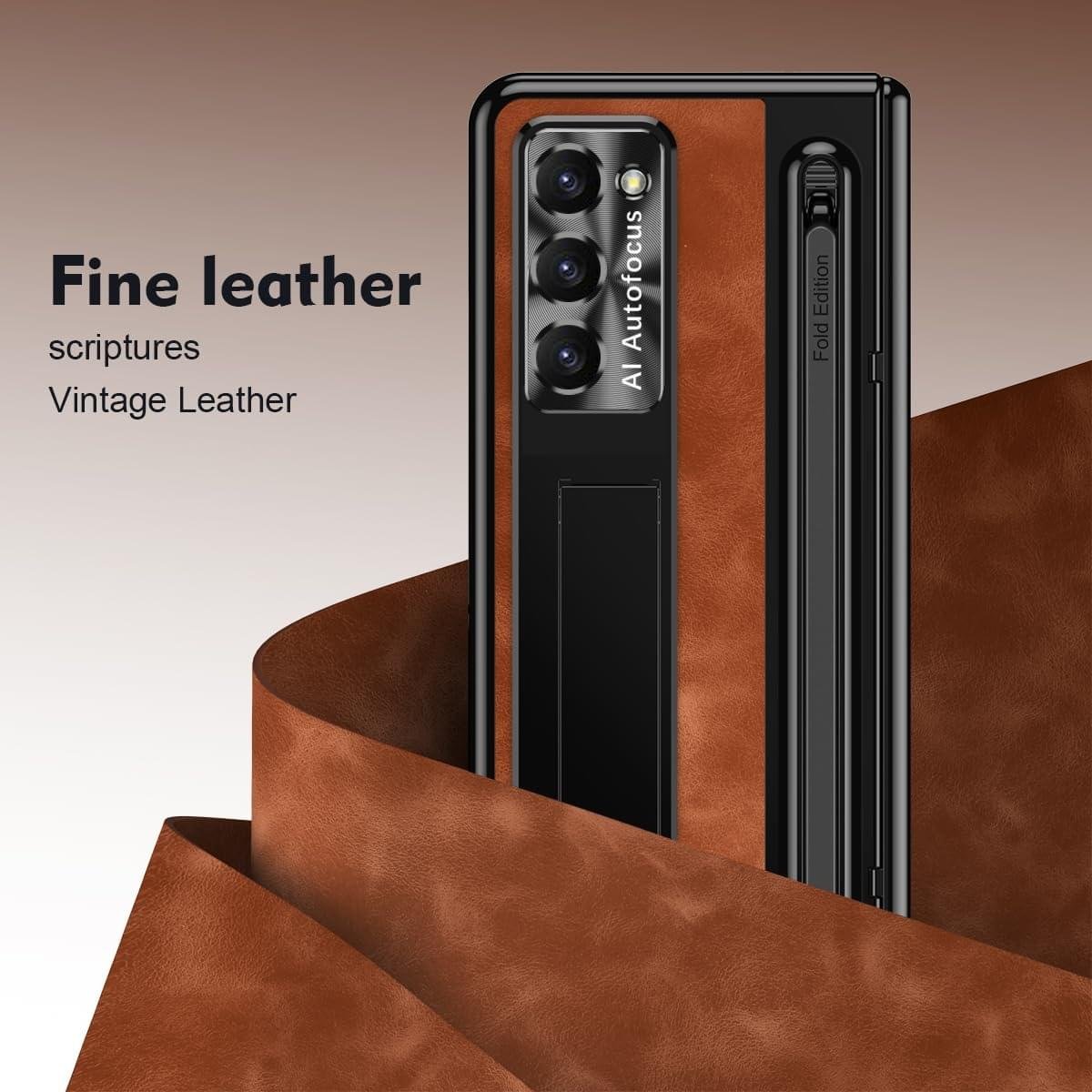 Samsung Galaxy Z Fold Series  Retro Leather Case with S Pen Holder, Slim Stylus, Hinge Protection Kickstand and Screen Protector - Image 7