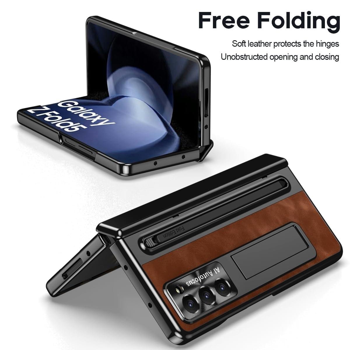 Samsung Galaxy Z Fold Series  Retro Leather Case with S Pen Holder, Slim Stylus, Hinge Protection Kickstand and Screen Protector - Image 3