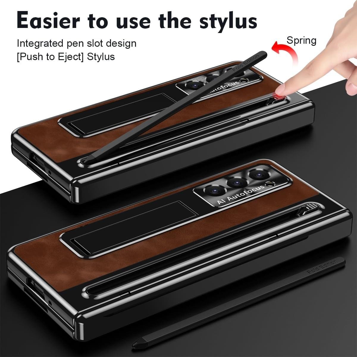 Samsung Galaxy Z Fold Series  Retro Leather Case with S Pen Holder, Slim Stylus, Hinge Protection Kickstand and Screen Protector - Image 8