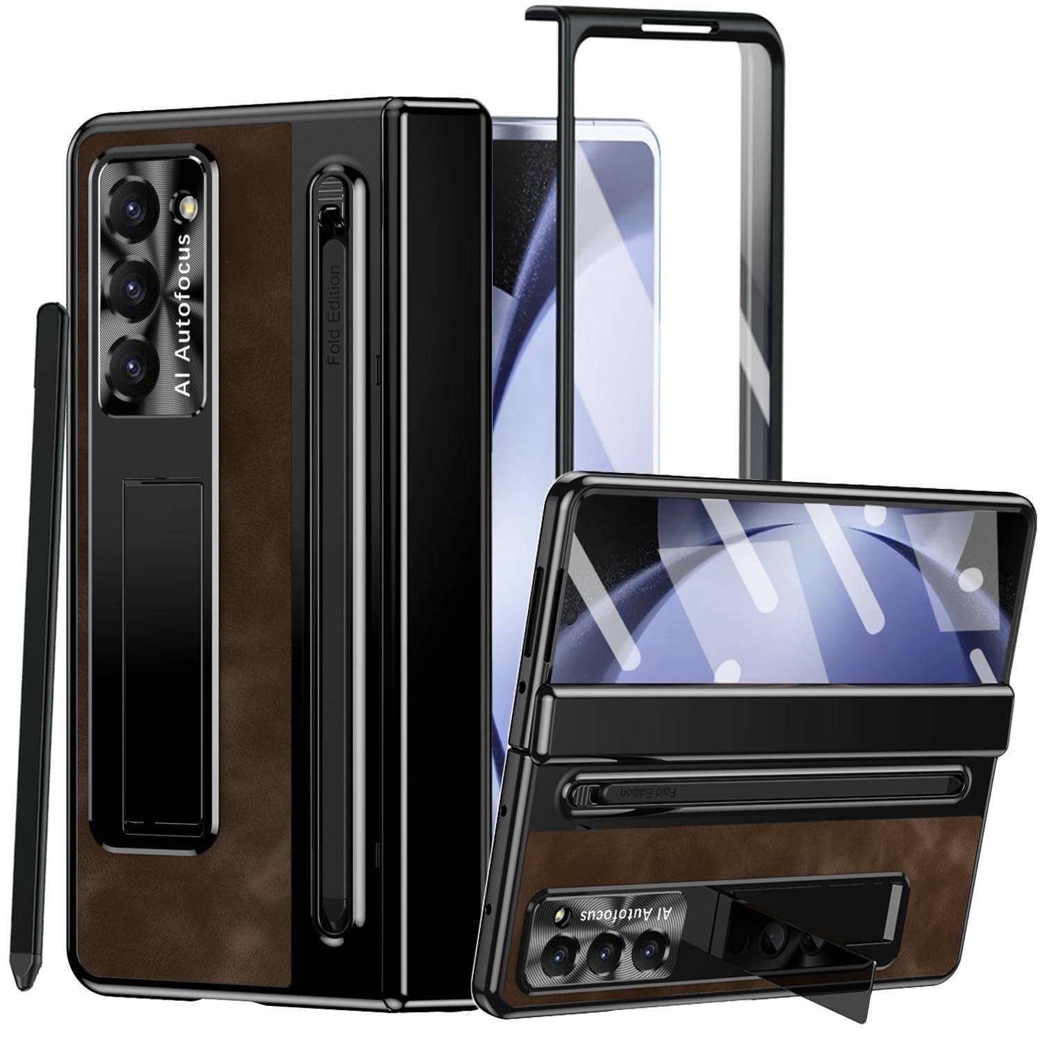 Samsung Galaxy Z Fold Series  Retro Leather Case with S Pen Holder, Slim Stylus, Hinge Protection Kickstand and Screen Protector - Image 12