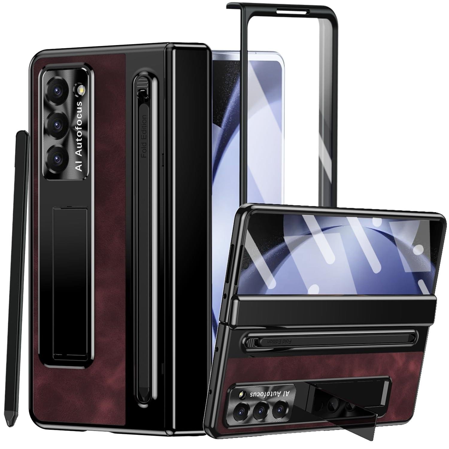 Samsung Galaxy Z Fold Series  Retro Leather Case with S Pen Holder, Slim Stylus, Hinge Protection Kickstand and Screen Protector - Image 13