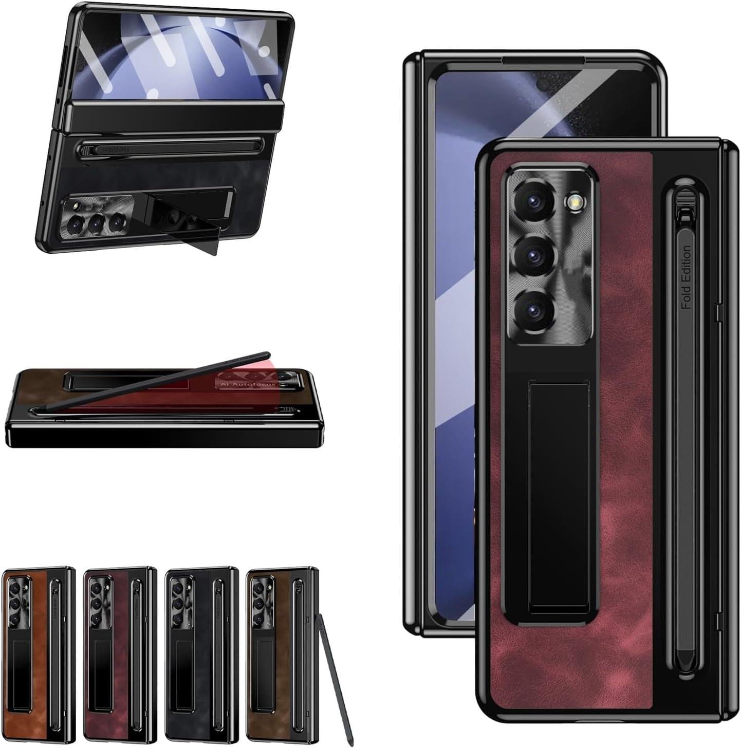 Samsung Galaxy Z Fold Series  Retro Leather Case with S Pen Holder, Slim Stylus, Hinge Protection Kickstand and Screen Protector - Image 22