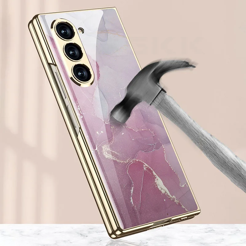 Samsung Galaxy Z Fold 5/6 Series Stylish Marble Gold Electroplated Frame with Patterned Glass, Built-in Screen Protector - Image 8