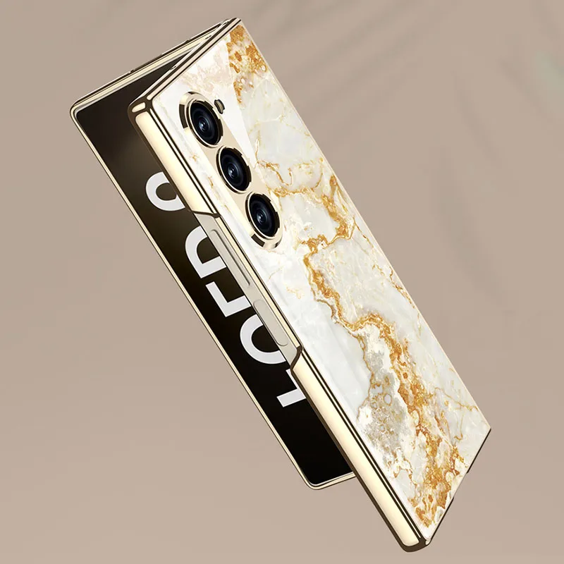 Samsung Galaxy Z Fold 5/6 Series Stylish Marble Gold Electroplated Frame with Patterned Glass, Built-in Screen Protector - Image 7