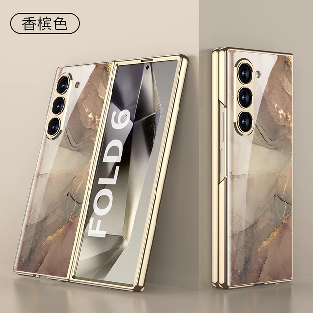 Samsung Galaxy Z Fold 5/6 Series Stylish Marble Gold Electroplated Frame with Patterned Glass, Built-in Screen Protector - Image 5