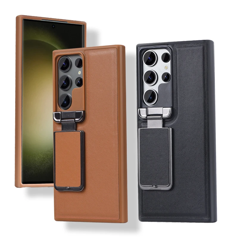 Leather Case with Back Stand for Samsung Galaxy S23 Ultra / S24 Ultra, Business Cover with Camera Lens Cover, Kickstand Case