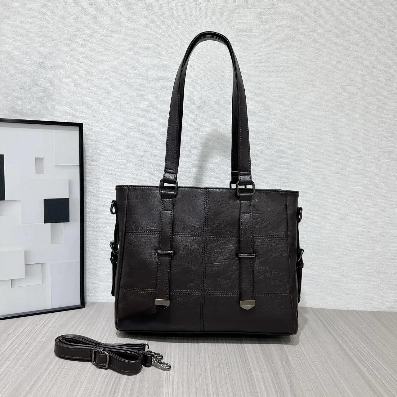 arge Capacity Quality Classic Quilted Business Style Cross Shoulder PU Leather Tote Bag - Image 4