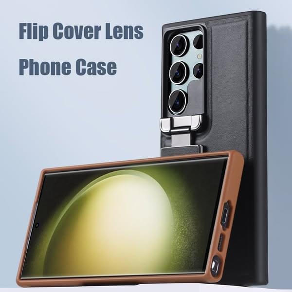 Samsung Galaxy S23/S24 Ultra, Genuine Leather Back Lens Protection Cover, Anti -Scratch and Protect Privacy Flip Aluminum Alloy Stand Slim Cover - Image 2