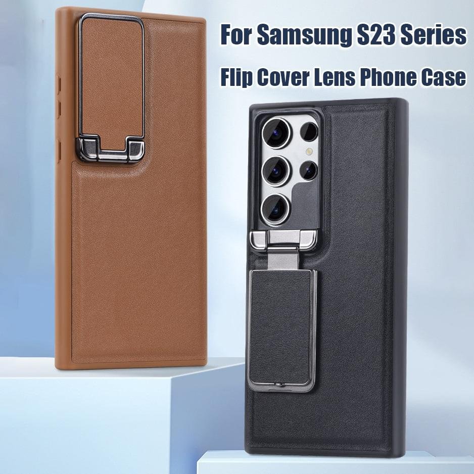 Samsung Galaxy S23/S24 Ultra, Genuine Leather Back Lens Protection Cover, Anti -Scratch and Protect Privacy Flip Aluminum Alloy Stand Slim Cover - Image 4
