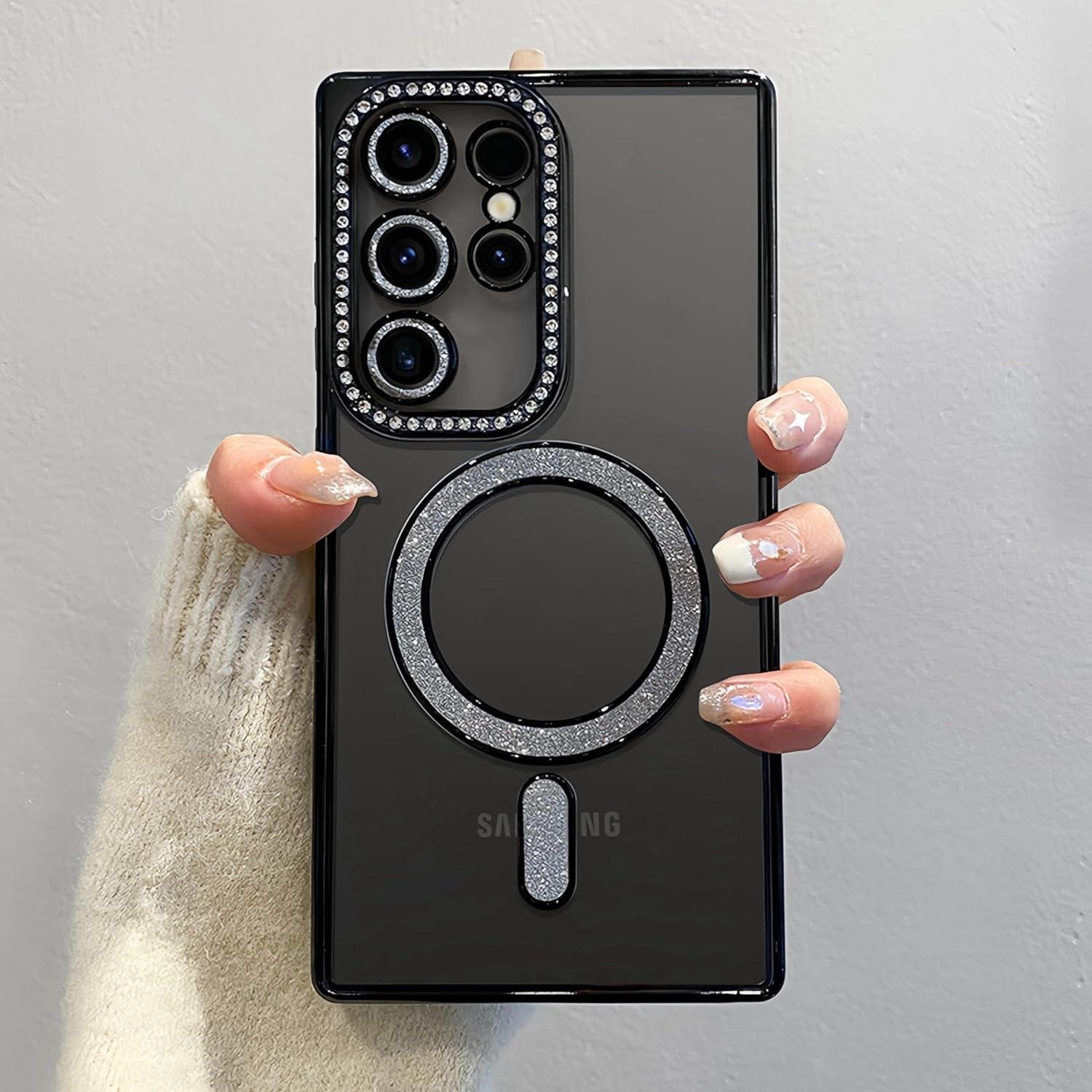 Samsung Galaxy S23/S24/S25 Ultra Magnetic Case with Glitter Diamond Camera Protector, Luxury Plating Bling Rhinestones Soft Bumper Clear Transparent Phone Case - Image 26