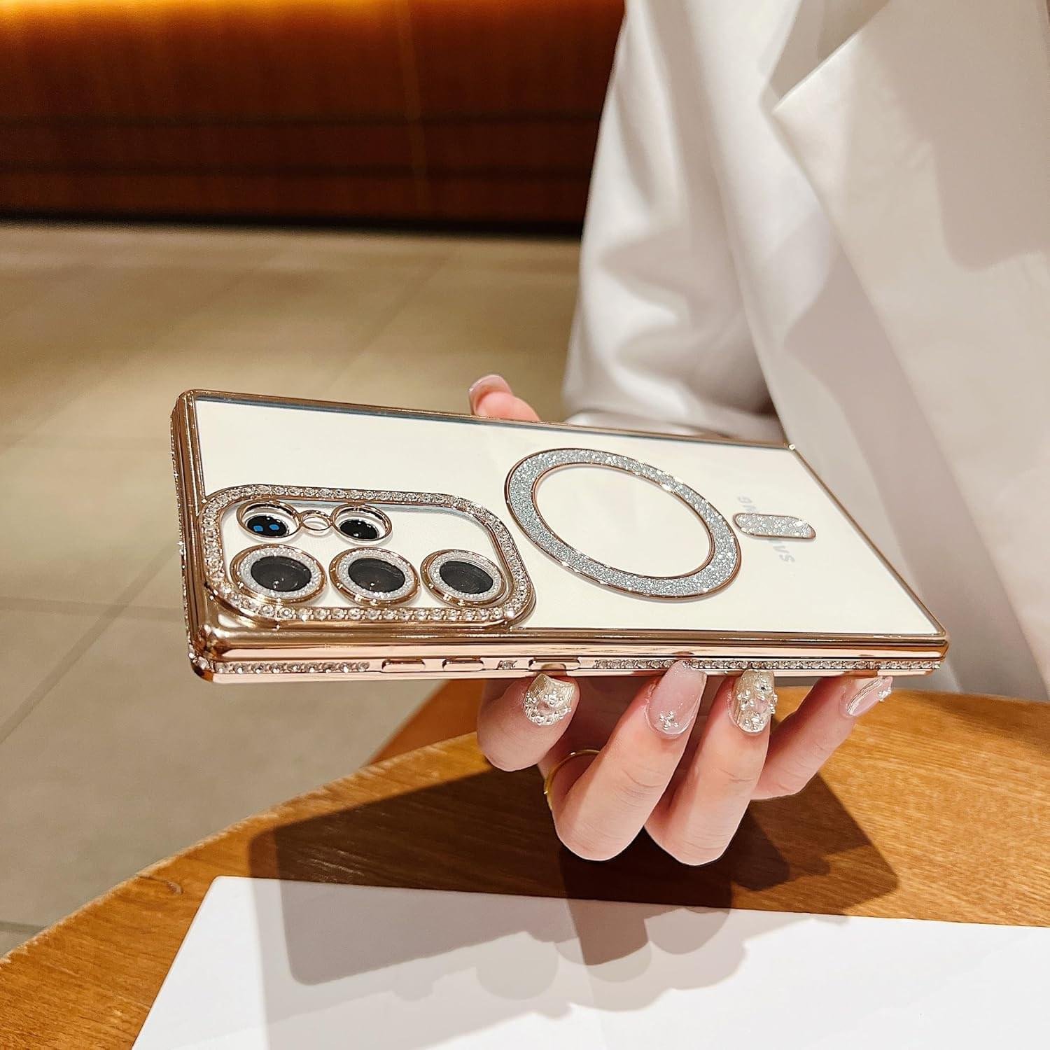 Samsung Galaxy S23/S24/S25 Ultra Magnetic Case with Glitter Diamond Camera Protector, Luxury Plating Bling Rhinestones Soft Bumper Clear Transparent Phone Case - Image 19