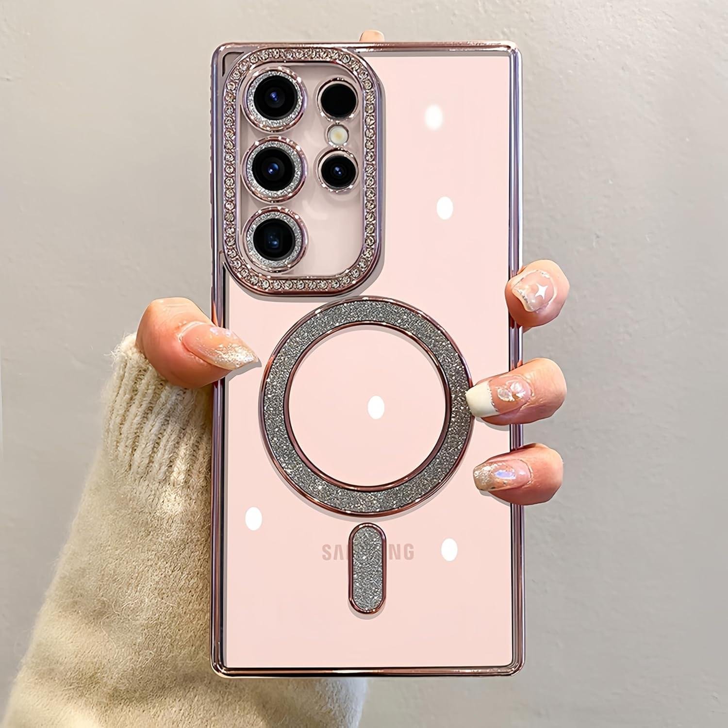 Samsung Galaxy S23/S24/S25 Ultra Magnetic Case with Glitter Diamond Camera Protector, Luxury Plating Bling Rhinestones Soft Bumper Clear Transparent Phone Case - Image 11