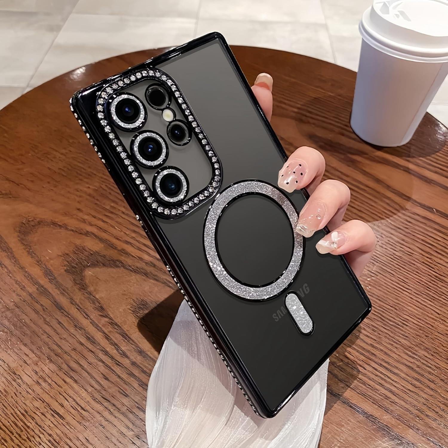 Samsung Galaxy S23/S24/S25 Ultra Magnetic Case with Glitter Diamond Camera Protector, Luxury Plating Bling Rhinestones Soft Bumper Clear Transparent Phone Case - Image 25