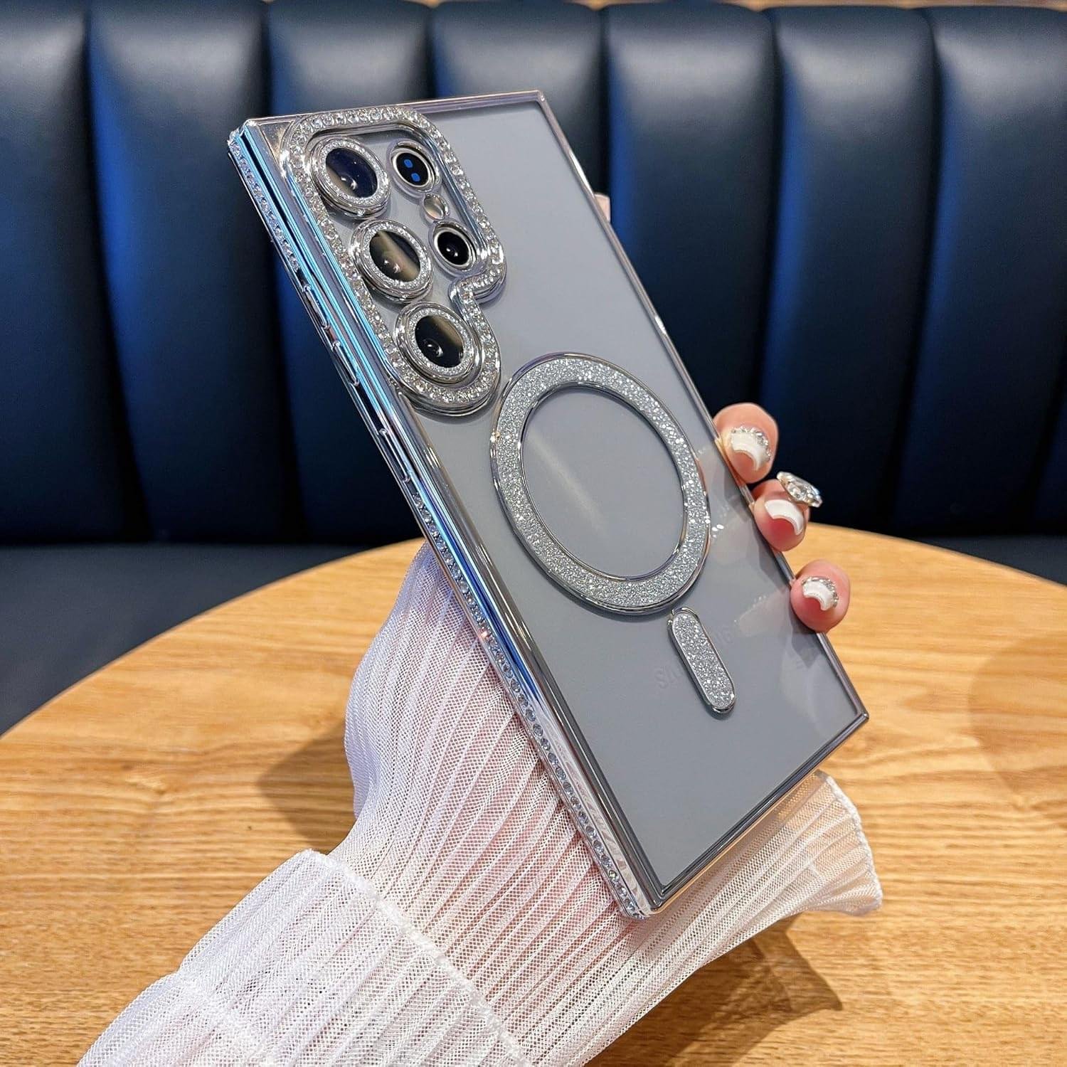 Samsung Galaxy S23/S24/S25 Ultra Magnetic Case with Glitter Diamond Camera Protector, Luxury Plating Bling Rhinestones Soft Bumper Clear Transparent Phone Case - Image 29