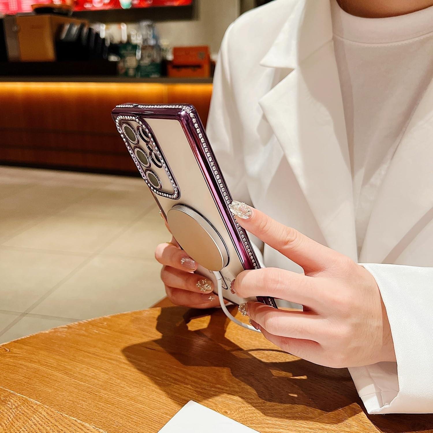 Samsung Galaxy S23/S24/S25 Ultra Magnetic Case with Glitter Diamond Camera Protector, Luxury Plating Bling Rhinestones Soft Bumper Clear Transparent Phone Case - Image 17