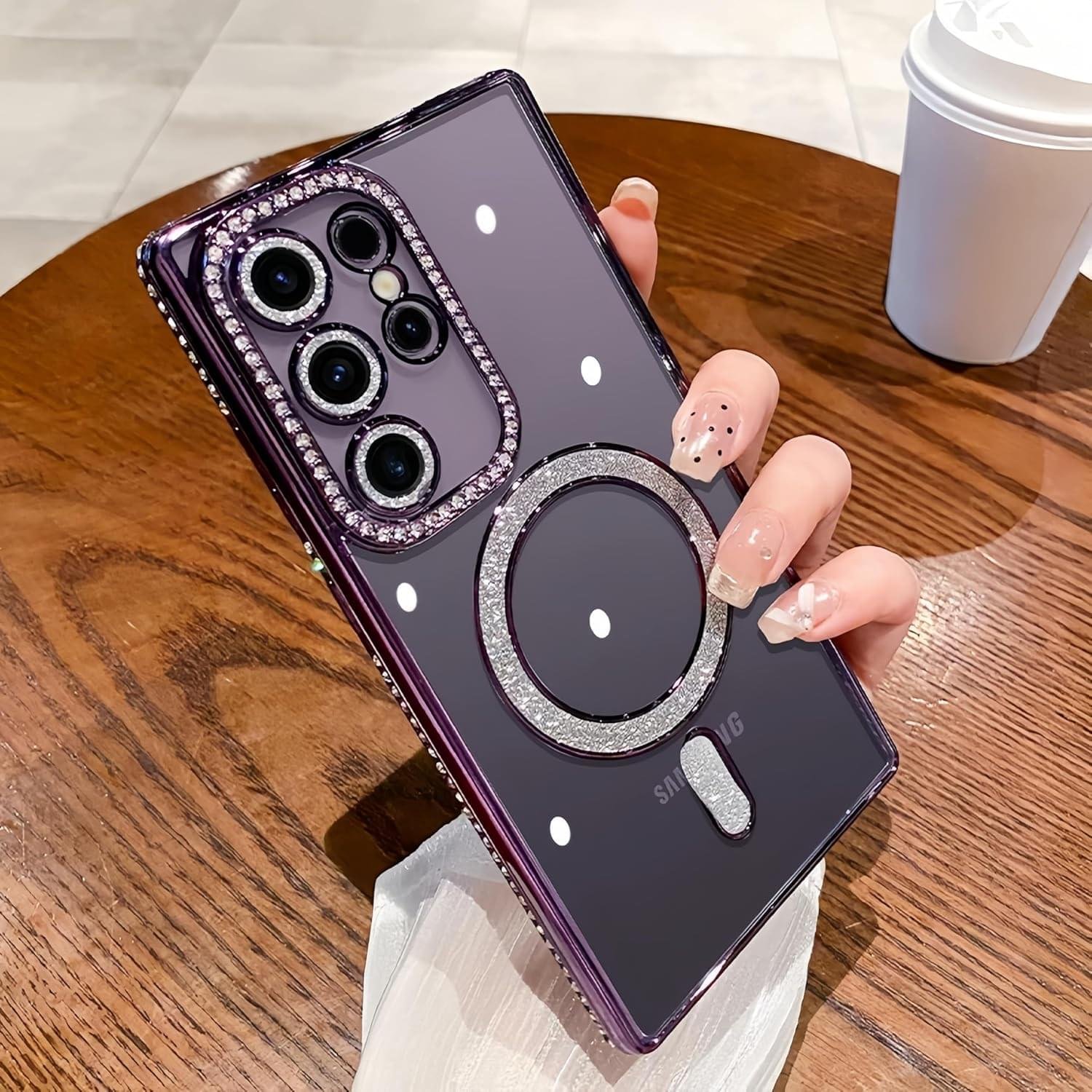 Samsung Galaxy S23/S24/S25 Ultra Magnetic Case with Glitter Diamond Camera Protector, Luxury Plating Bling Rhinestones Soft Bumper Clear Transparent Phone Case - Image 24