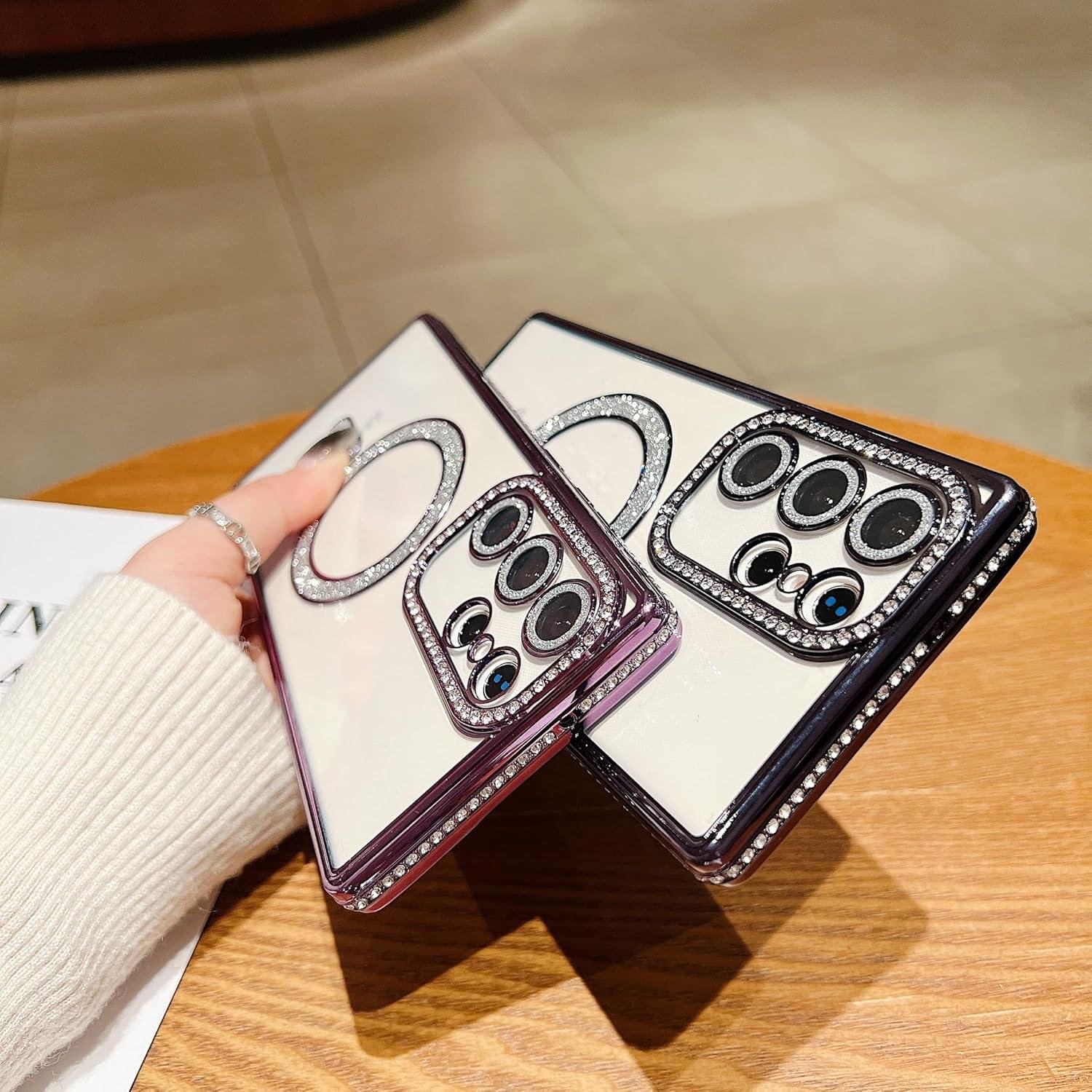 Samsung Galaxy S23/S24/S25 Ultra Magnetic Case with Glitter Diamond Camera Protector, Luxury Plating Bling Rhinestones Soft Bumper Clear Transparent Phone Case - Image 30