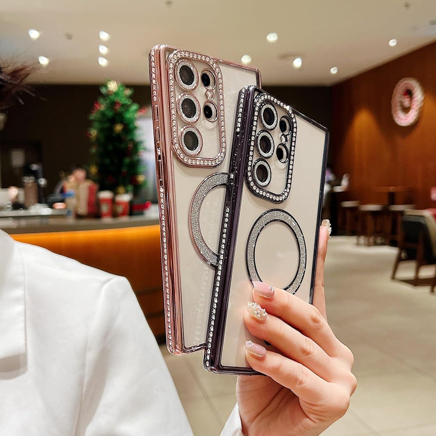 Samsung Galaxy S23/S24/S25 Ultra Magnetic Case with Glitter Diamond Camera Protector, Luxury Plating Bling Rhinestones Soft Bumper Clear Transparent Phone Case - Image 12