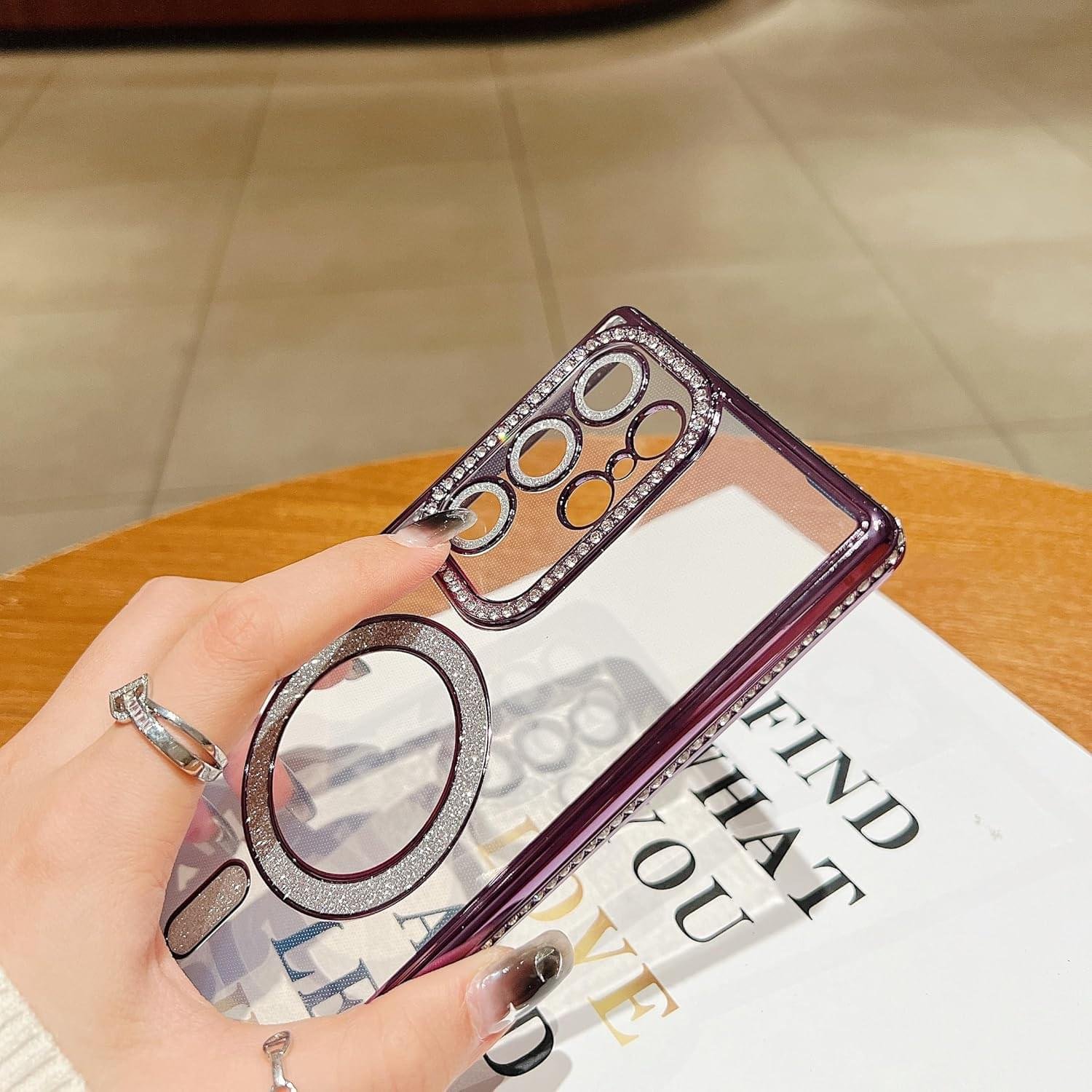 Samsung Galaxy S23/S24/S25 Ultra Magnetic Case with Glitter Diamond Camera Protector, Luxury Plating Bling Rhinestones Soft Bumper Clear Transparent Phone Case - Image 16