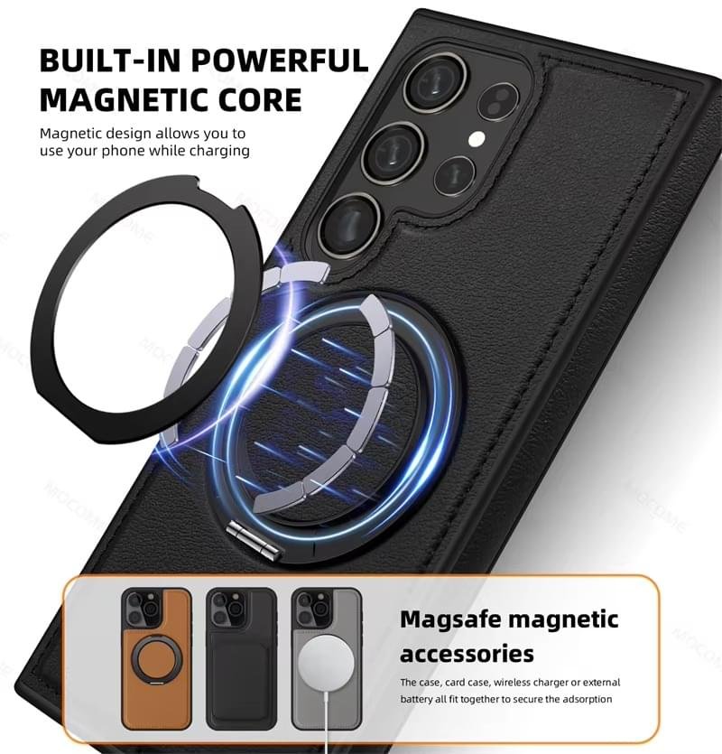 Samsung Galaxy S22 S23 S24 S25 Ultra Series Magsafe Leather 360° Adjustable Ring Shockproof Protective Slim Stand Case - Image 8