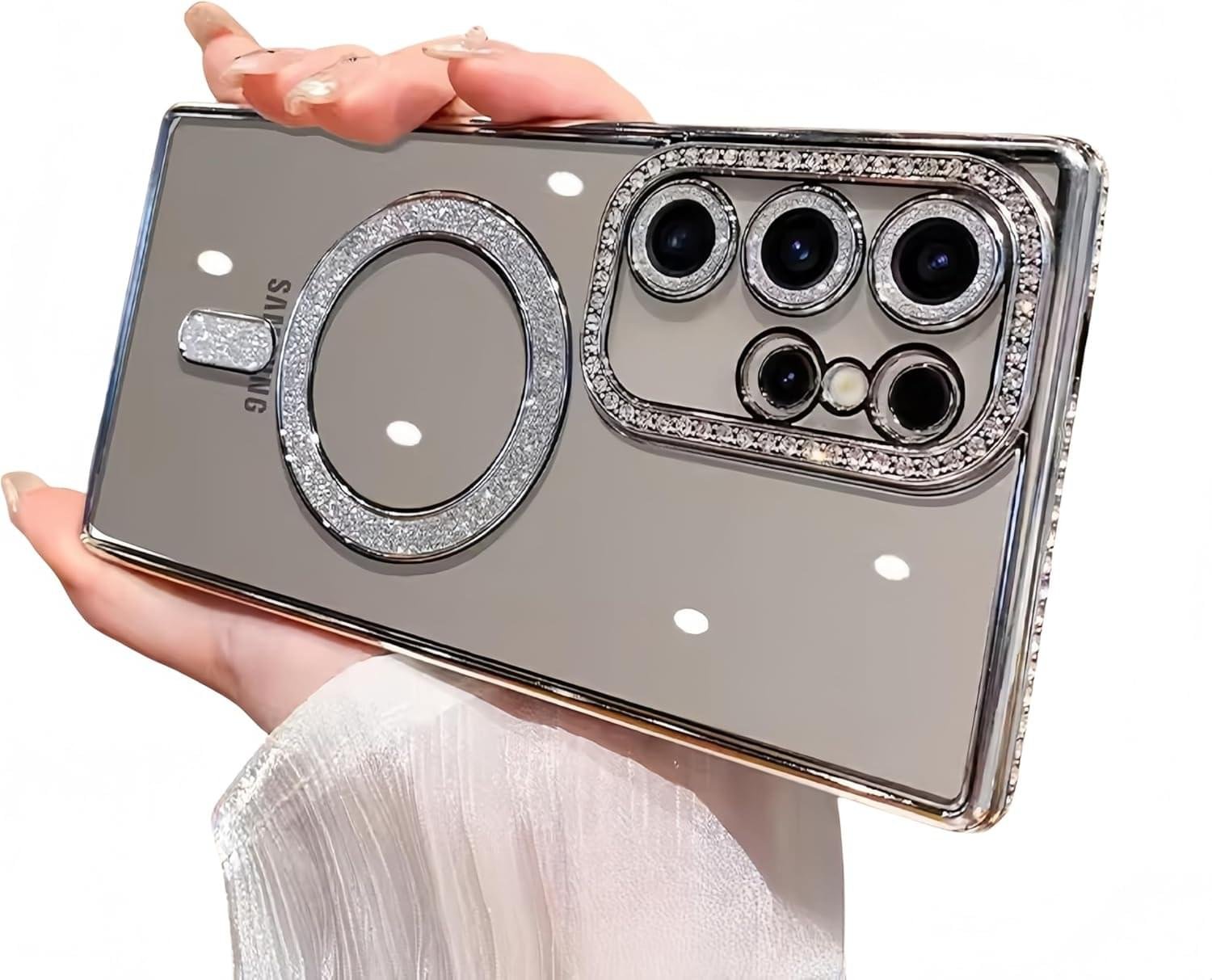 Samsung Galaxy S23/S24/S25 Ultra Magnetic Case with Glitter Diamond Camera Protector, Luxury Plating Bling Rhinestones Soft Bumper Clear Transparent Phone Case - Image 5