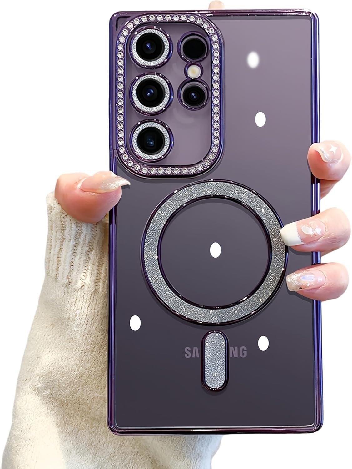 Samsung Galaxy S23/S24/S25 Ultra Magnetic Case with Glitter Diamond Camera Protector, Luxury Plating Bling Rhinestones Soft Bumper Clear Transparent Phone Case - Image 6