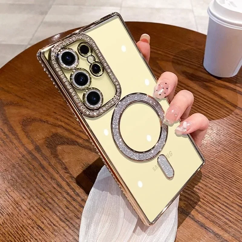 Samsung Galaxy S23/S24/S25 Ultra Magnetic Case with Glitter Diamond Camera Protector, Luxury Plating Bling Rhinestones Soft Bumper Clear Transparent Phone Case - Image 37